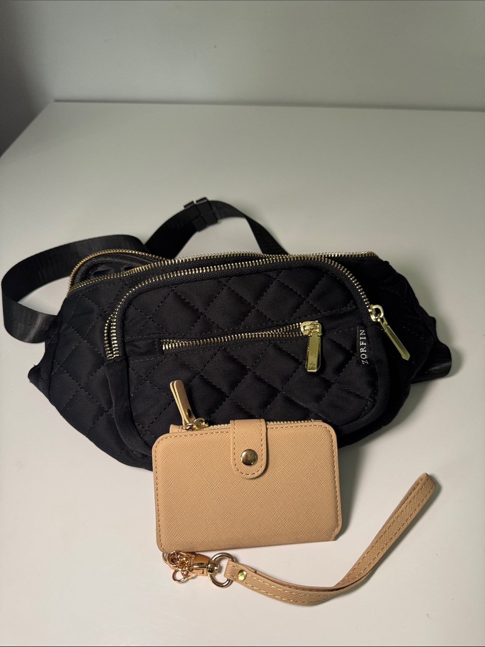 Black gold crossbody fanny pack and gold card holder keychain set
